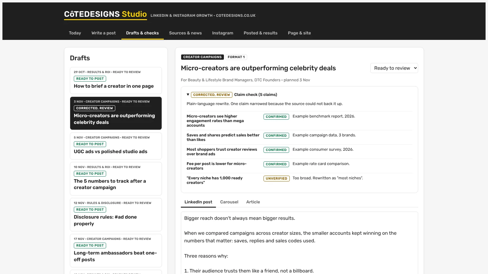 Content Studio con borradores de ejemplo para redes sociales, cada uno con una verificación de datos y sus fuentes