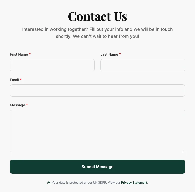 The Accountico contact form, with first name, last name, email and message fields.