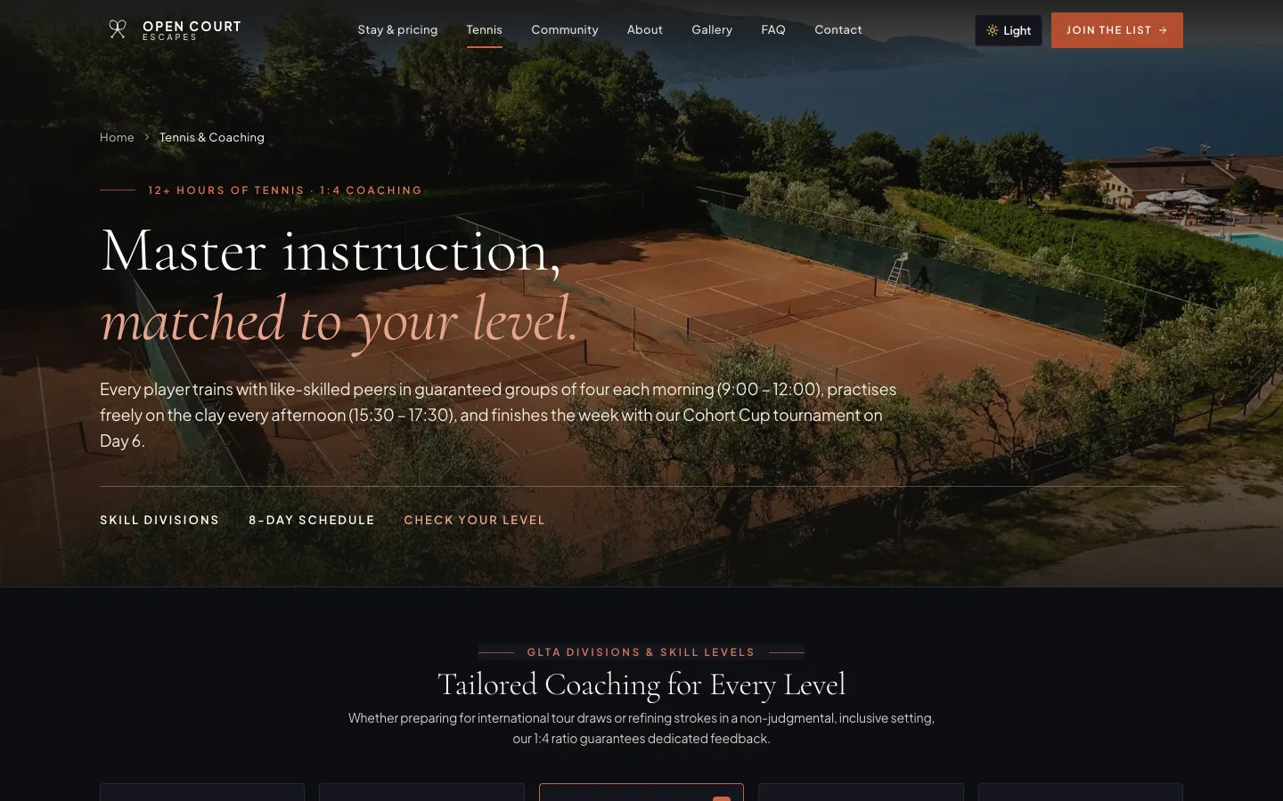 The Open Court Escapes website on a laptop and a phone: the tennis coaching page, with the headline "Master instruction, matched to your level" over a clay court by Lake Garda.